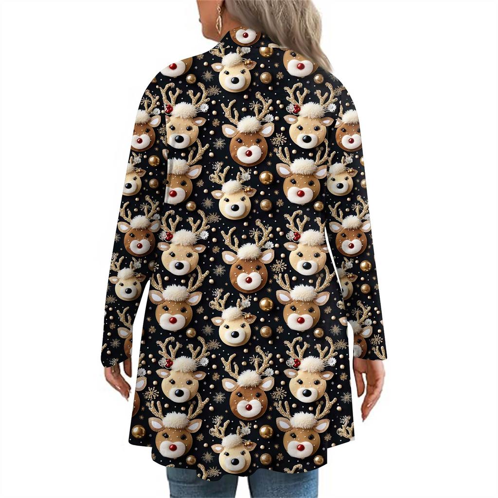 Women's Fall And Winter Fashion Casual Print Long Sleeve Mid-Length Cardigan Jacket