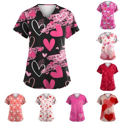 Women's Fashion V-Neck Short Sleeve Overalls With Pockets Valentine's Day Printed Tops Clothes