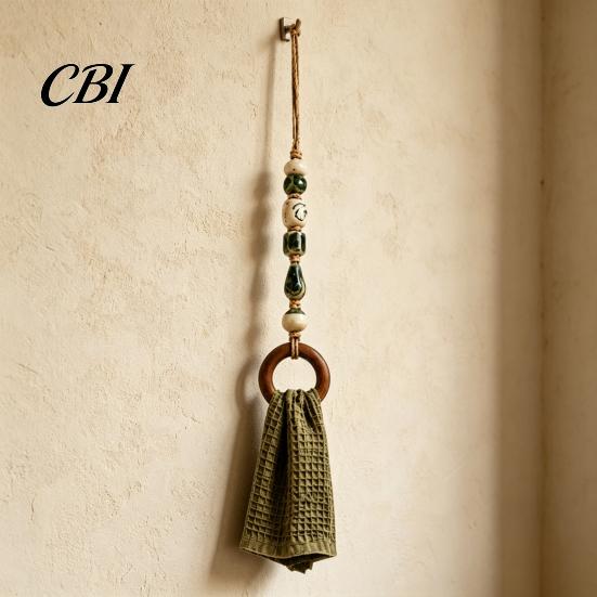 Anello Decorativo Appeso per Organizer, AppendiAsciugamani con Perline e Anello in Legno, Supporto da Parete Multi-Colore Boho, Raffinata Manina in Legno senza Foratura, Portautensili da Fattoria