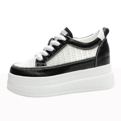 8cm Maille Aérée Cuir Véritable Talons Cachés Femmes Plateforme Baskets Chunky Chaussures de Marque Haute Vulcanisé Été Respirant