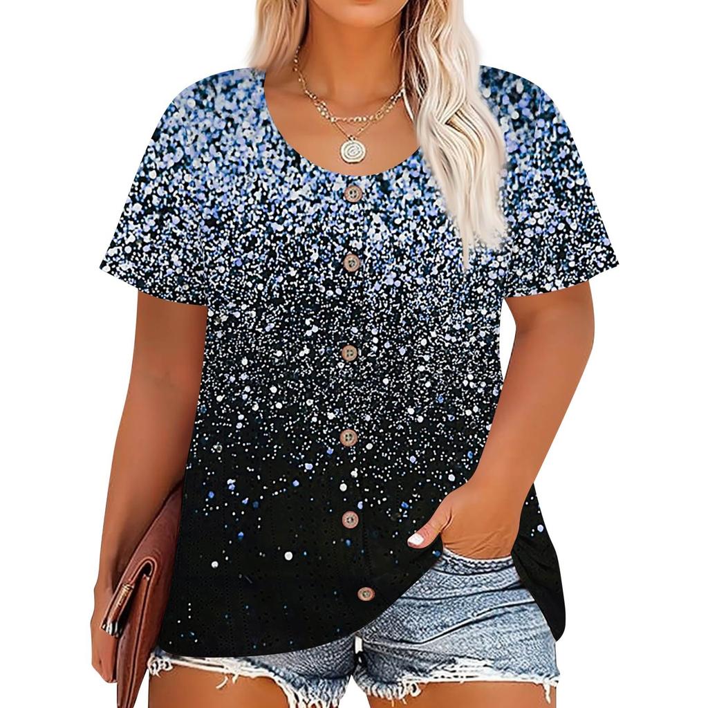 Plus Size Women's Fashion Casual Vintage Printed O-Neck Short Sleeve Button T-Shirt Top
