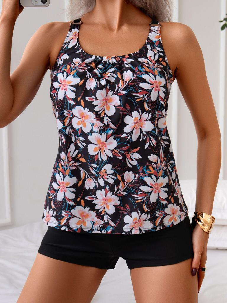 Damski luźny strój kąpielowy tankini z rozcięciem, nogawkami typu "flat leg" i stylem koszulki