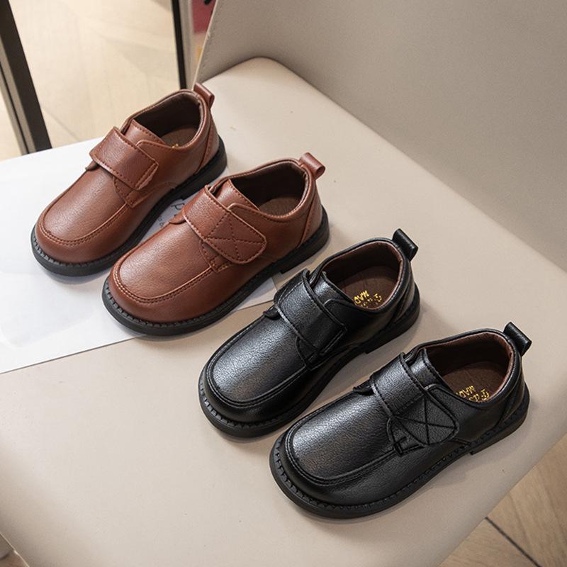 Boys' Black Leather Velcro Shoes - Soft Sole Performance Shoes for Spring/Autumn