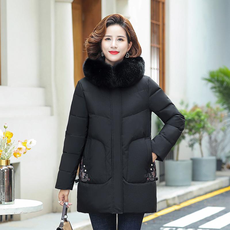 Medium and Long Loose Winter Middle-aged and Elderly Large-size Fur Collar Hooded Warm Jacket