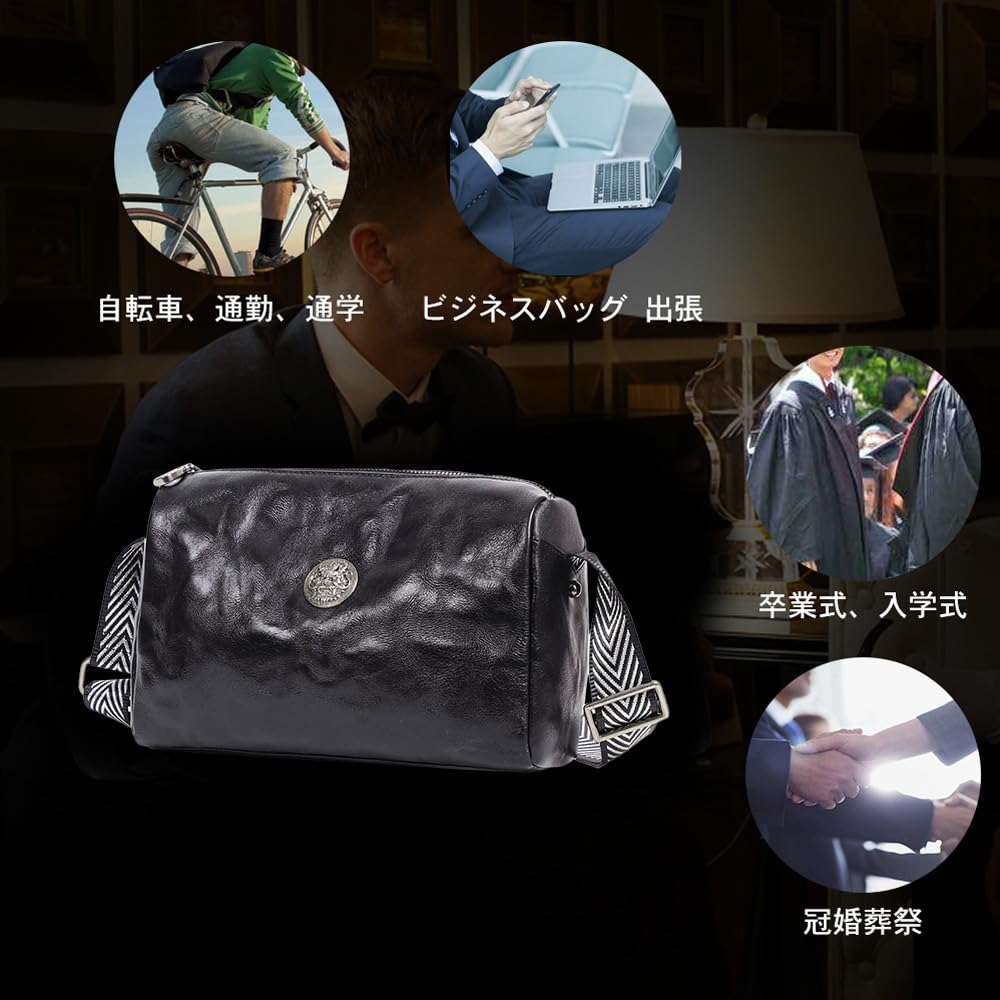 Whatna Antique-Style Tanned Natural Cowhide Leather One-Shoulder Bag for Men, Crossbody Chest Bag, Clutch, Shoulder Bag, Holds iPad 9.7" (Black),