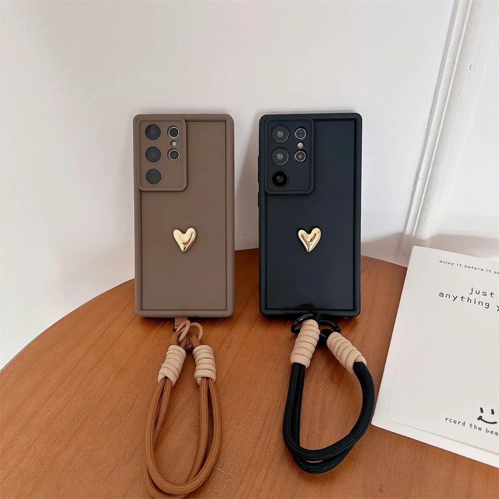 3D Gold Heart Love Wrist Strap Case For Samsung Galaxy S25 Ultra S23 S22 Plus S24 S21 FE Note 20 A56 A55 A36 A35 A26 A16 A15 5G