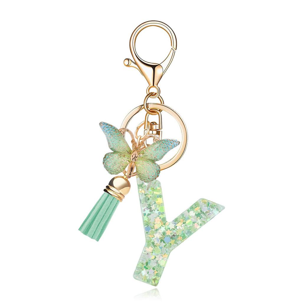 A-Z Dreamy Letters Keychain for Women Tassels Butterfly Pendant Initial Keyrings Purse Suspension Bags Car Key Chain Pink