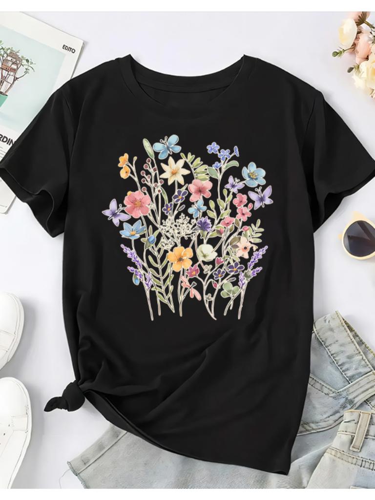Women'S Floral Print T-Shirt  Loose Fit   Comfortable Casual Style  Short Sleeve Crew Neck with Vibrant Flower Design Minimalist