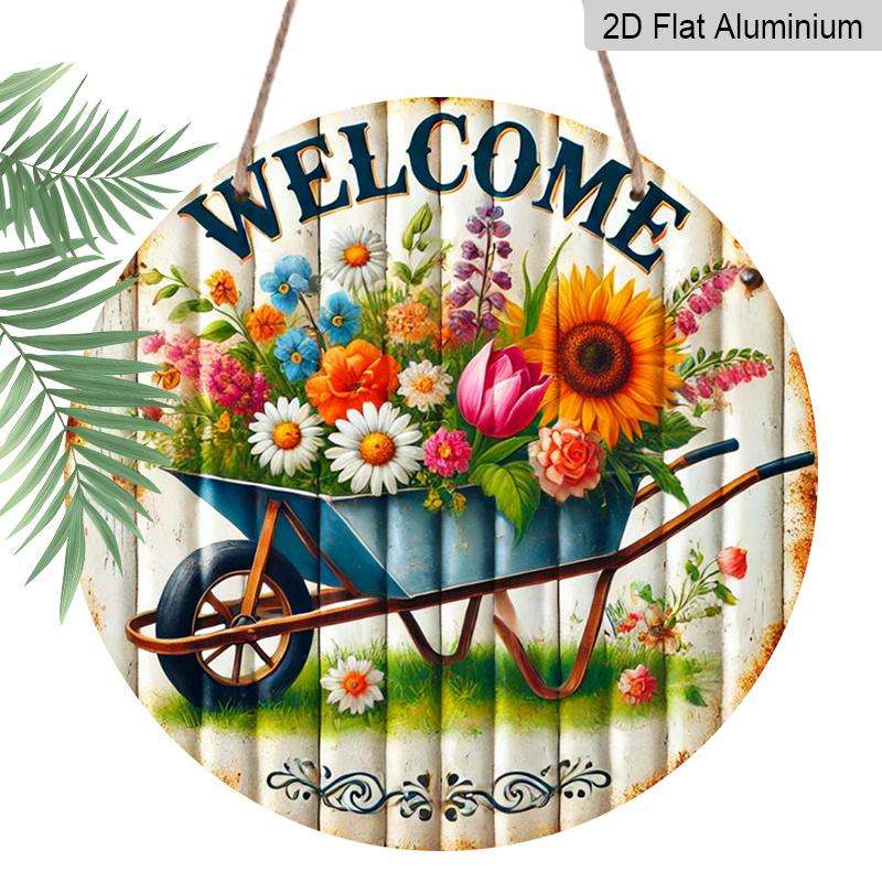 2D Flat 1pc, 8x8 in, Rustic Garden Welcome Sign with Vintage Unicycle & Colorful Flowers - Durable Aluminum Metal Wall Art for Outdoor Patio, Garage