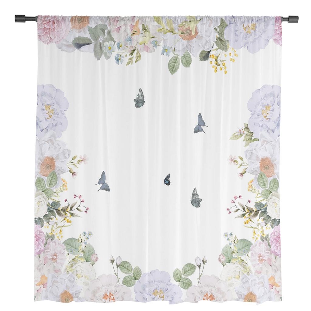 Watercolor Butterfly Flower Plant White Sheer Window Curtain Tulle Curtains for Livingroom Bedroom Hotel Home Decor Voile Drapes
