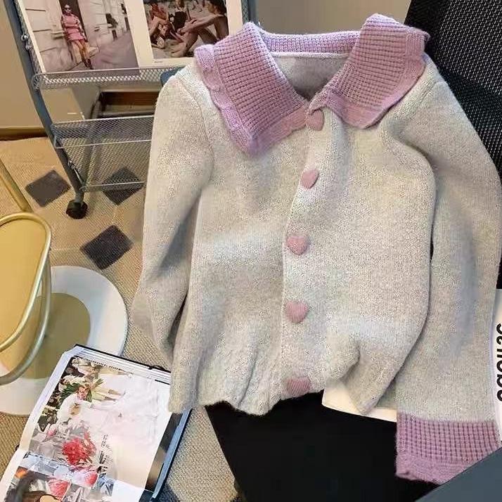 2025 Autumn/Winter Women's Chic Color Block Doll Collar Cardigan