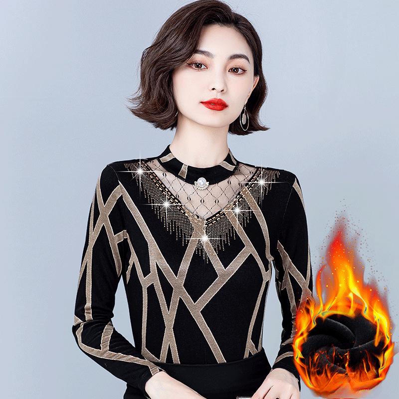 Iron Diamond Lace Bottom Shirt for Women Spring and Autumn Thin New Mom Fashionable Fleece Top Autumn and Winter