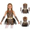 Girls Caveman Cosplay Leopard Pattern Jumpsuit Gloves Mesh Metallic Shiny Patchwork Sleeveless Tutu Skirt