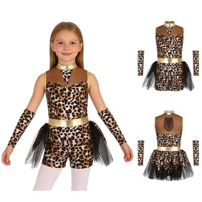 Kinderen Grottenspreker Cosplay Eendelig Luipaardpatroon Romper met Handschoenen Mesh Metaalachtig Glanzend Mouwloos Tule Rok voor Halloween Optreden
