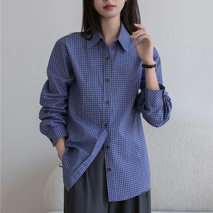 Miu Style Women s Blue Plaid Loose Fit Shirt - Perfect for Spring & Autumn Layering M