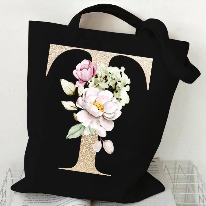 

Цветочный английский алфавит Графический Женские холщовые сумки для покупок Золотые буквы ABCD Сумка через плечо Дорожные сумки для мобильных телефонов