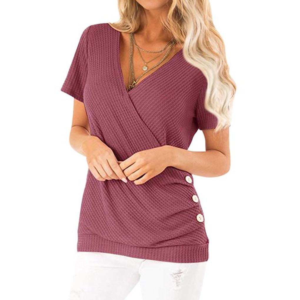 Women Buttons Dide Decor Wrapped V Neck Short Sleeve Shirt