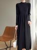 Women's Solid Color Velvet Knit Pullover Mid-Length Dress - Long Sleeve, Half High Neck, Over-the-Knee Style