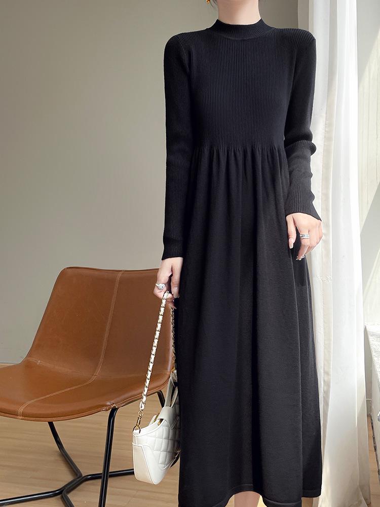Women's Solid Color Velvet Knit Pullover Mid-Length Dress - Long Sleeve, Half High Neck, Over-the-Knee Style