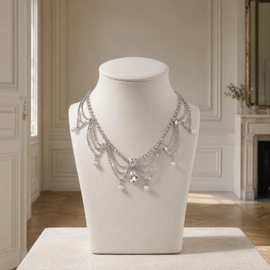 Sparkling Rhinestone Choker, Faux Diamond Drop Pendant Necklace, Multi-Layered Rhinestone Chain Choker with Faux Pearl Charms for Women Cocktail