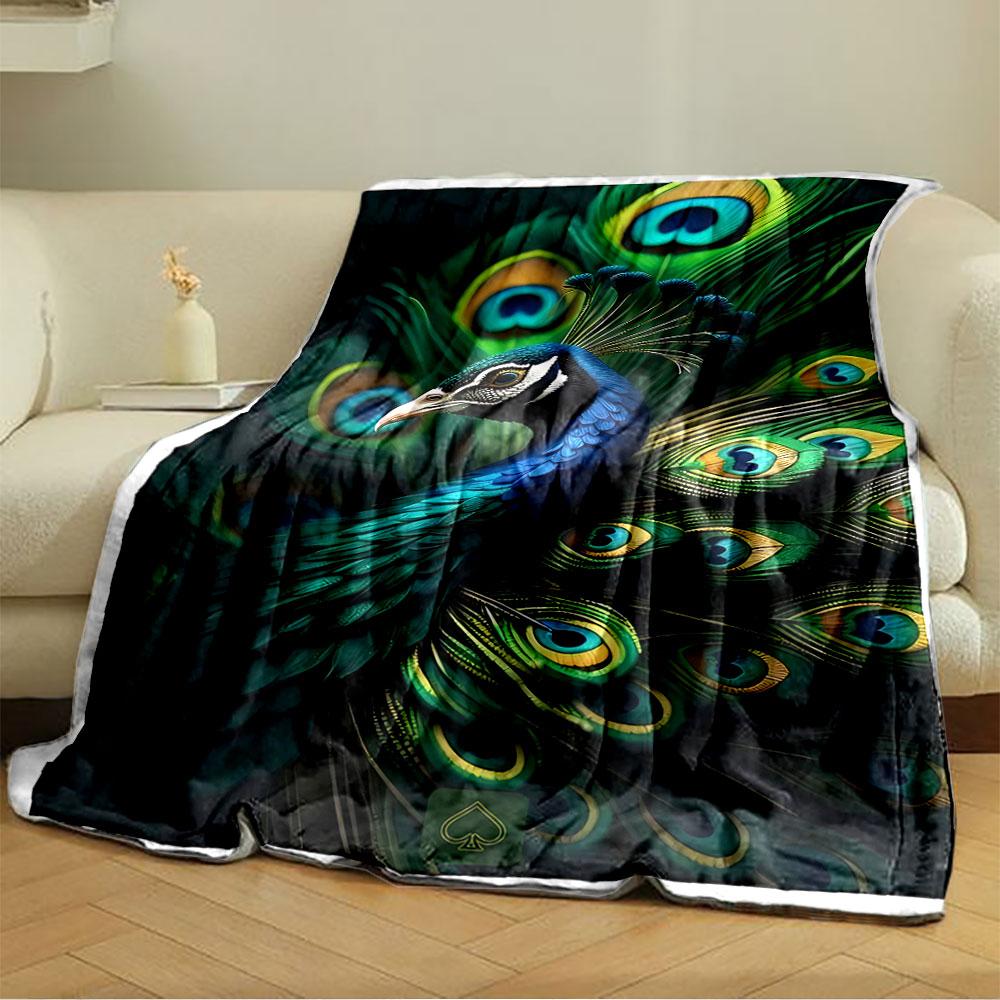 Vivid peacock feather pattern with eye-like designs in green and blue. for all seasons blanket lunch break throw gift