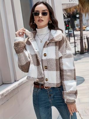 Plaid Pattern Button Front Teddy Coat All-match Long-sleeved Winter Warm Jacket Women's Clothing