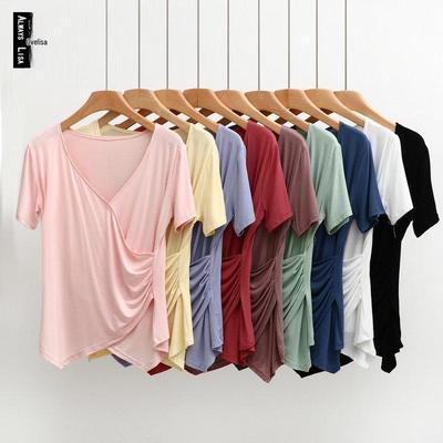 T-shirt da donna estiva scollo a V vestibilità ampia modal - Manica corta, orlo irregolare