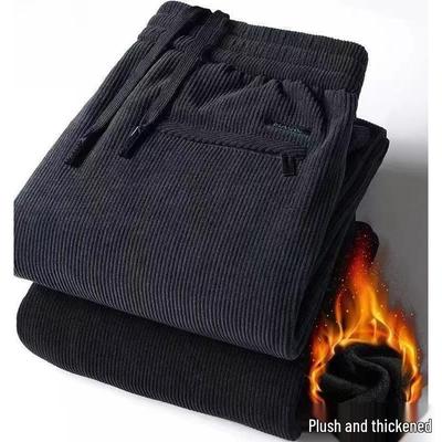 Men's Thick Corduroy Casual Straight-Leg Pants - Striped, Plus Velvet, Autumn/Winter, Mid-Aged Style