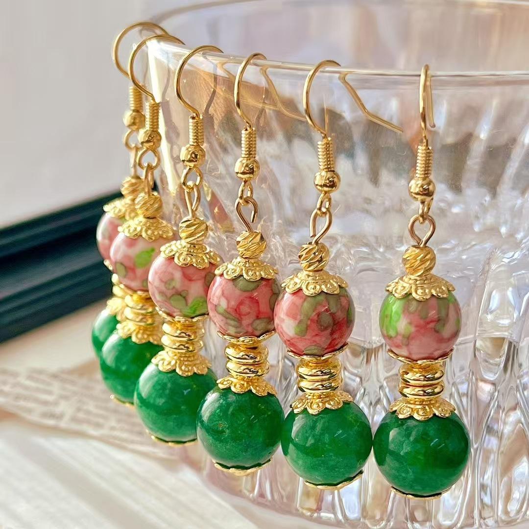 Vintage High Quality Emerald Quartz Rock Pink Ceramic Earrings Stud Earrings Ear Hooks