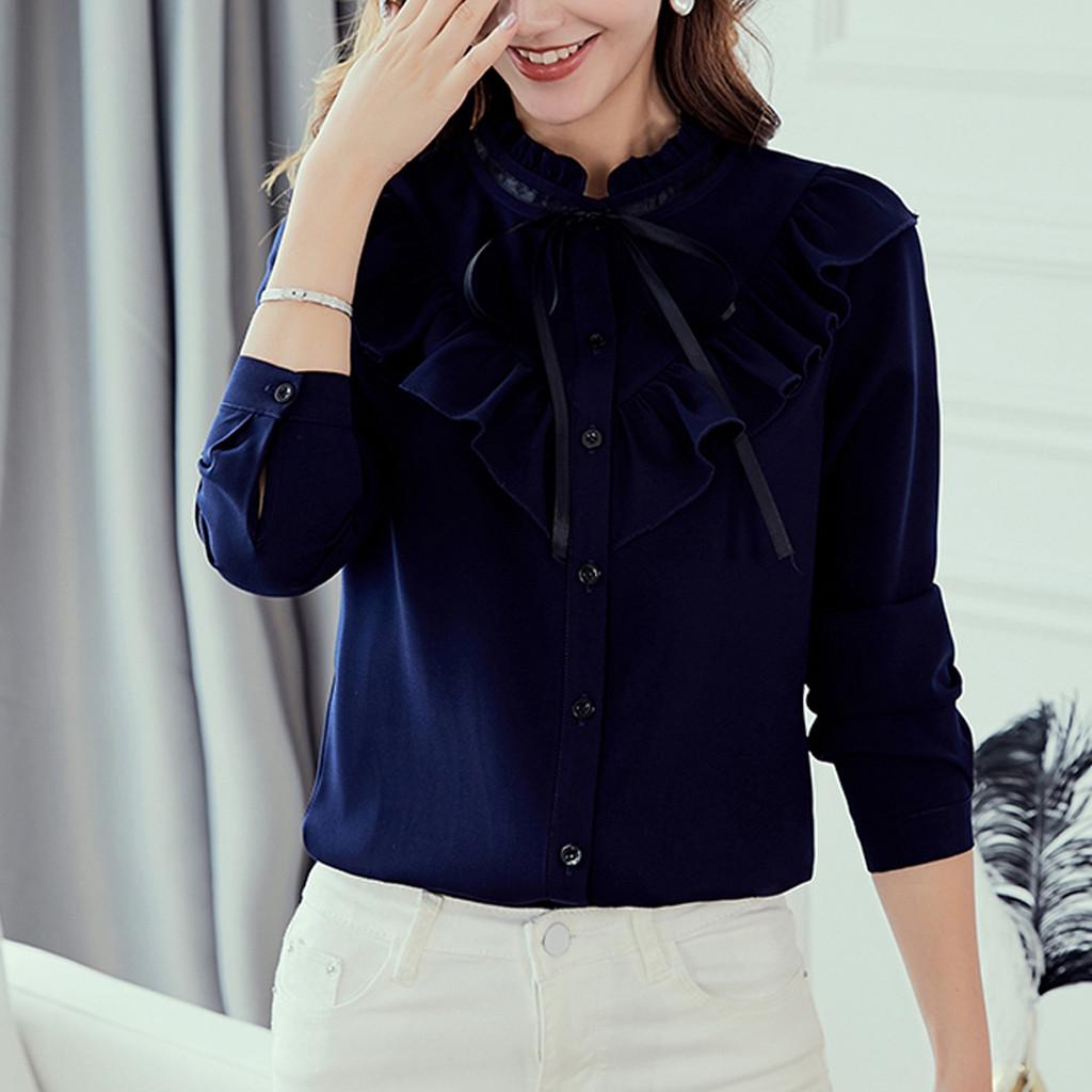 

Женская Рабочая Блузка-Топ с Длинным Рукавом, Бантом и Воланами из Шифона L тёмно-синий