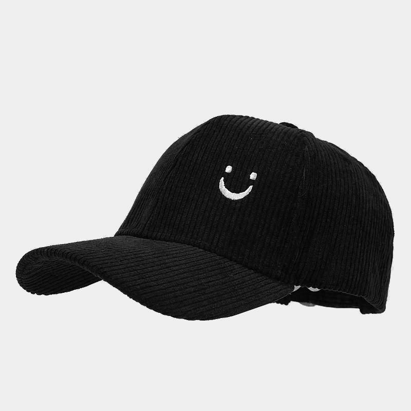 New Cotton Corduroy Baseball Cap With Embroidered Smile Face For Casual And Streetwear Fashion Black