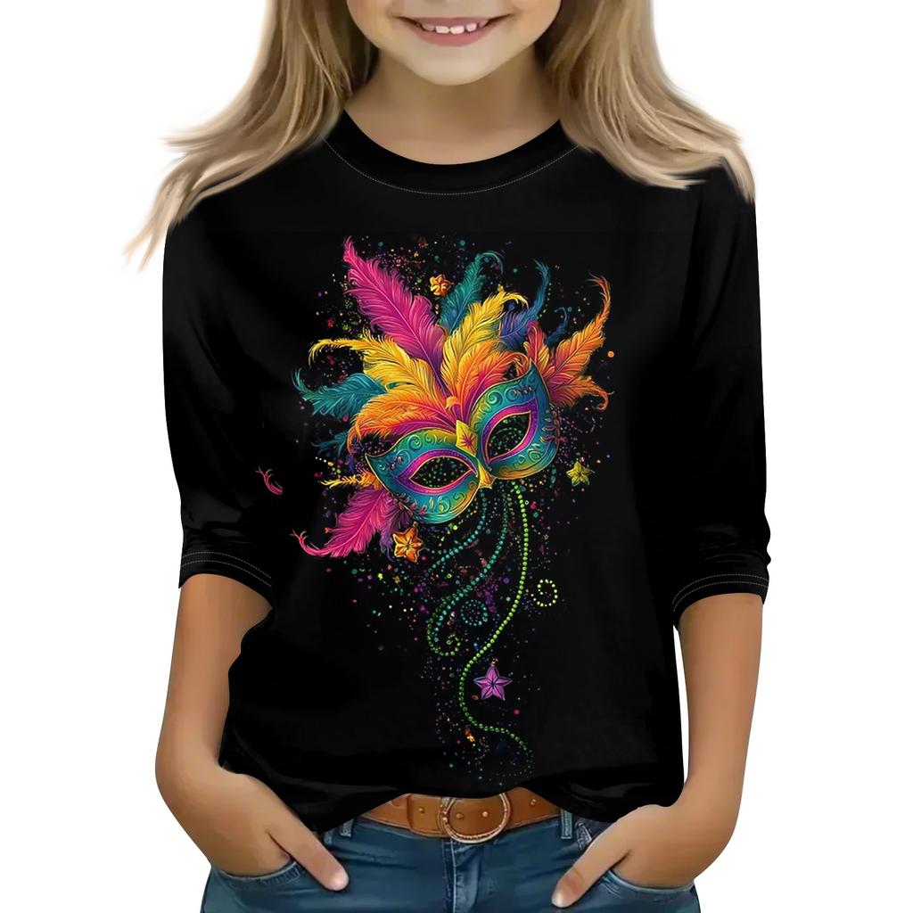 Print Tops For Youth Girls Round Neck 3/4 Sleeves T-Shirts Trendy Tops Outfit Tees