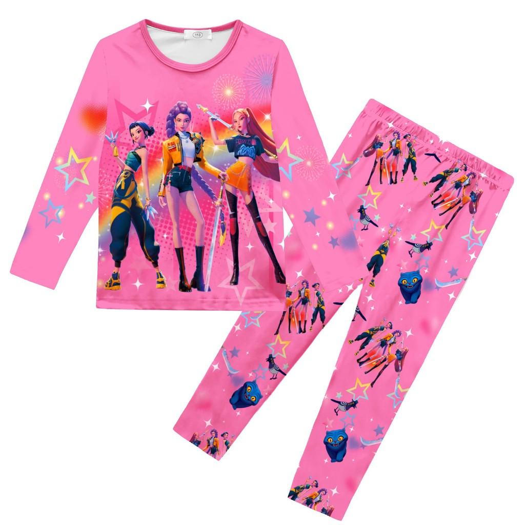 Kids Girls K-POP Rumi Mira Zoey Print Long Sleeves T-Shirt Top Pants Trousers Pajamas Sleeping Sleepwear Sets