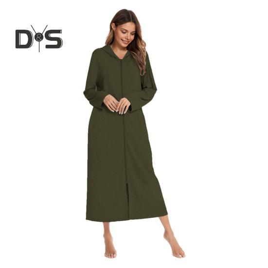 Nachthemd mit Reißverschluss für Damen, lange Ärmel, lockere, reine Farbe, mit Taschen, wadenlange Loungewear mit Kapuze, für den Alltag, für zu Hause, im Schlafzimmer