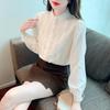 Fashion New 2024 Autumn Long Sleeve Stand Collar Casual Apricot Lace Chiffon Blouse Shirt Women Tops Blouses Shirts J503