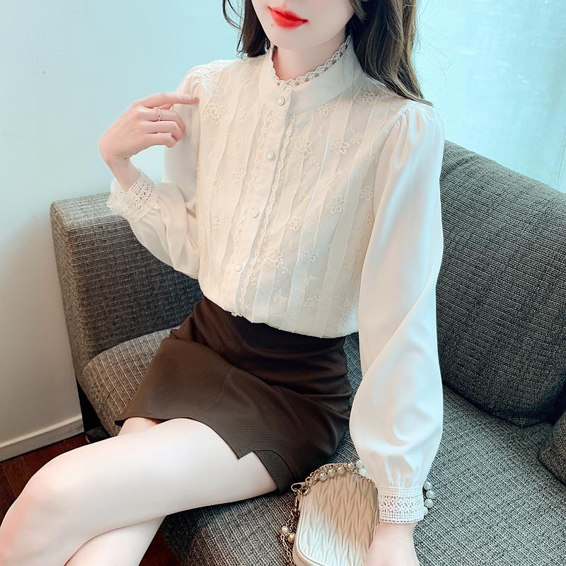 Fashion New 2024 Autumn Long Sleeve Stand Collar Casual Apricot Lace Chiffon Blouse Shirt Women Tops Blouses Shirts J503
