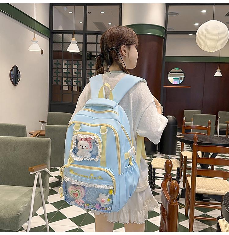 Süßer Farbblock Ita Rucksack für Junior- und Highschool-Mädchen - Transparent, Großes Fassungsvermögen, Dekompressionsdesign, Ins-Stil