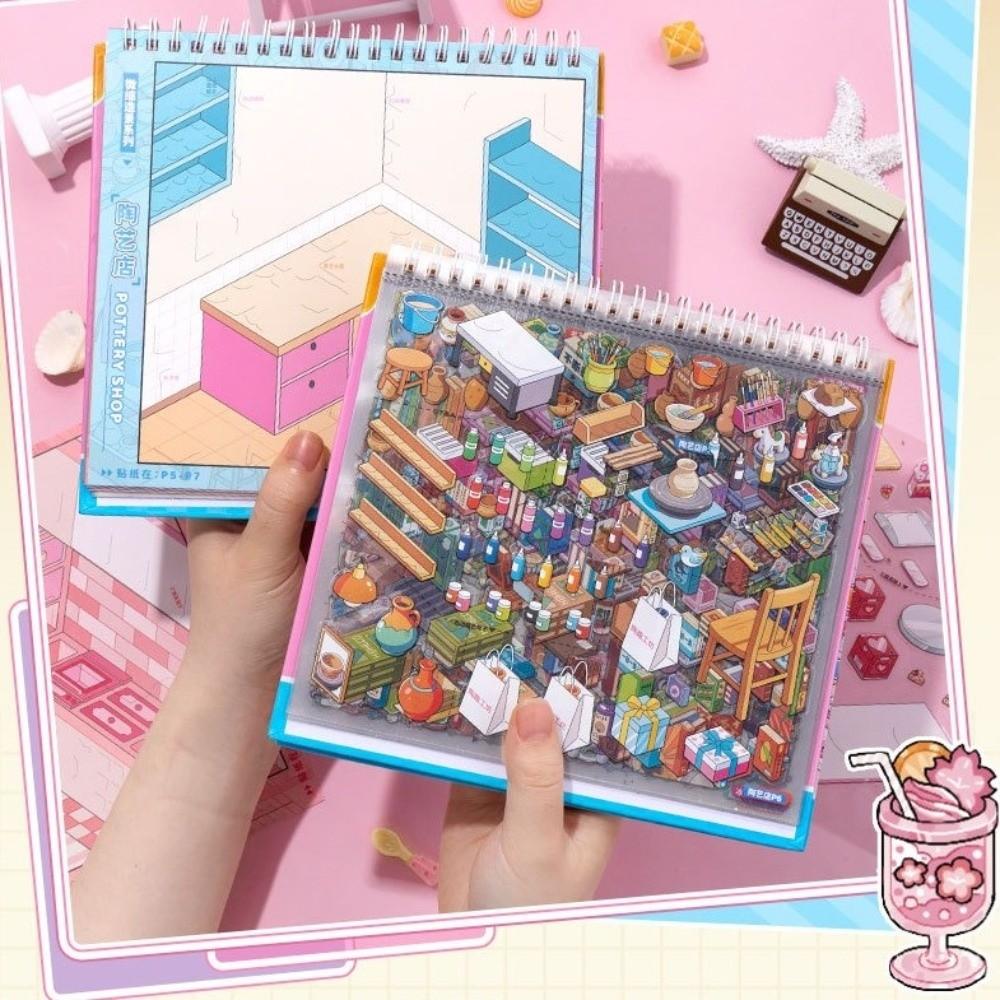 PET Scenery Stickers Shop Theme 3D Sticker Book New Stacking Sticker  for Children