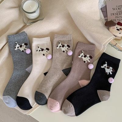 Niedliche und lustige Mid-Calf-Socken für Damenmode im Herbst, niedliche und lustige Welpen-Cartoon-Tier-Plüschsocken