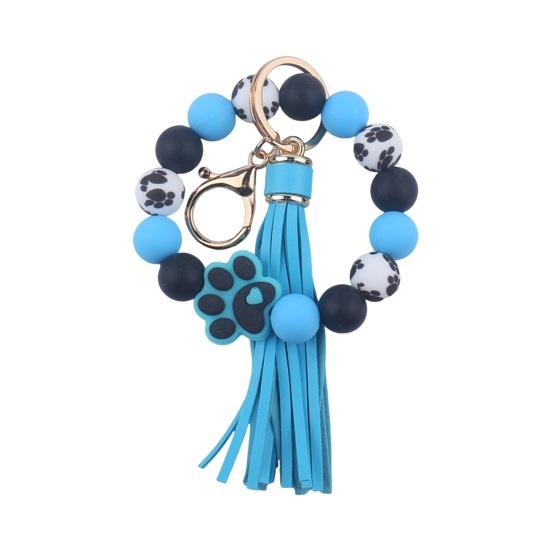Silicone Beaded Bracelet Keychain Dog Paw Pattern Wrist Keychain with Faux Leather Tassel Charm