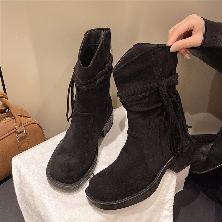 Kuskinnversjon~ retro ødemark frynsete ridestøvler tykk hæl men knelang støvler slank pile mellomhøye støvler kvinner