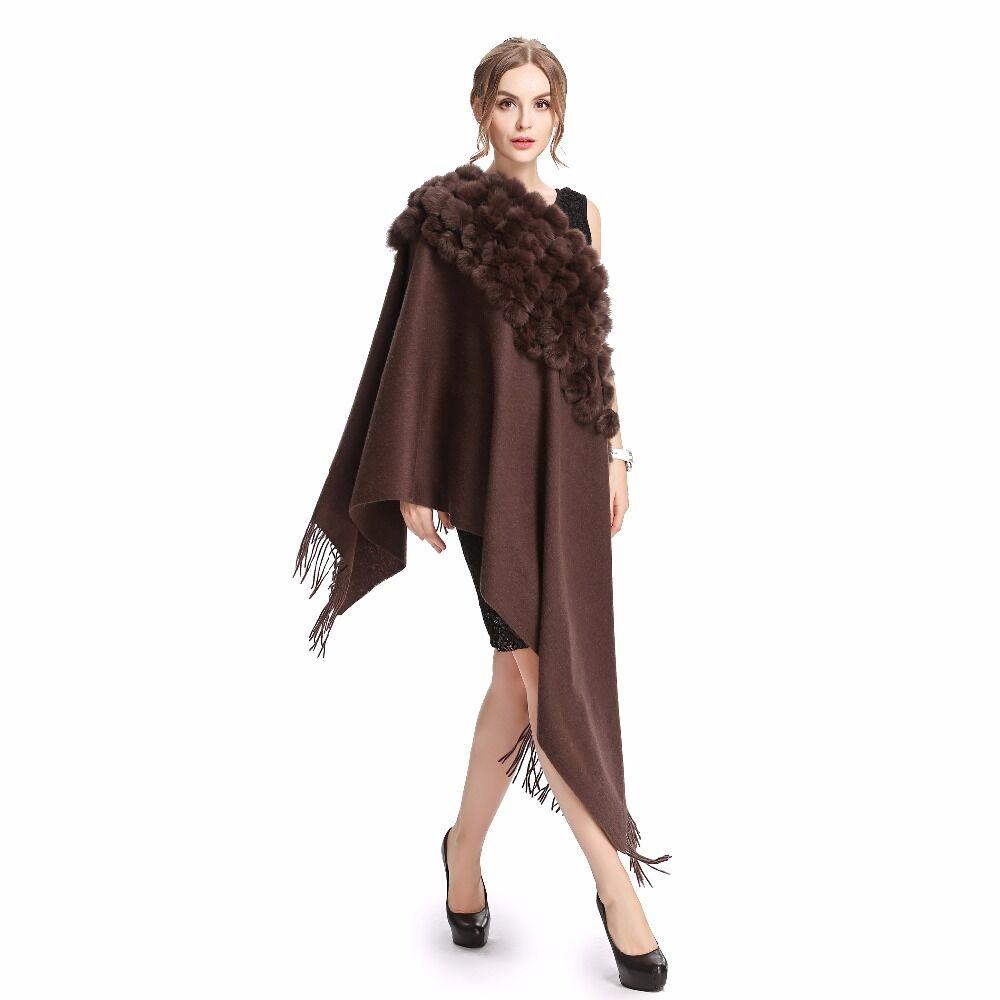 Women's Cashmere Wool Over Size Scarf With Rabbit Fur Ball Collar Winter Rabbit Fur Infinity Scarves Neck Fur Collar Hand Knit