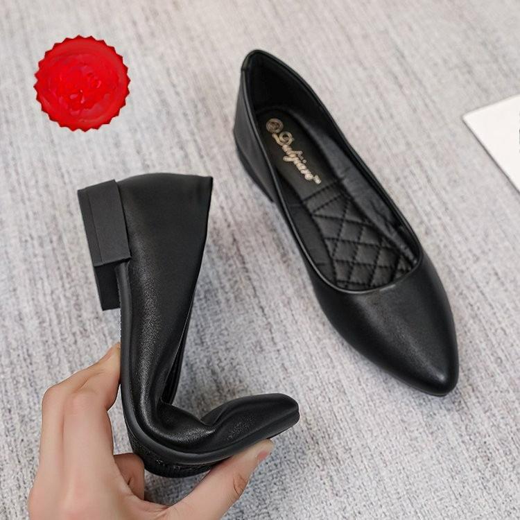 Work Shoes Women's Black Summer Professional Work Tooling Women's Shoes Pointed Thick-heeled Leather Shoes Soft-soled Single Shoes Large Size