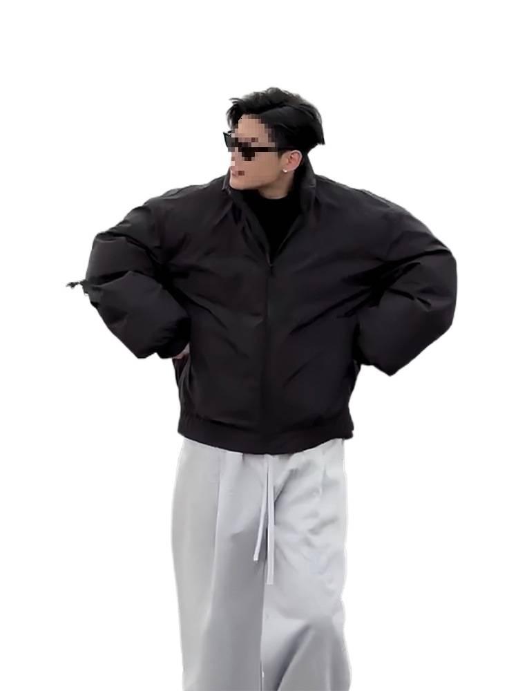 Męski Czarny Bomberowy Płaszcz Puchowy American Rebellious - Luźna Krótka Kurtka Robocza