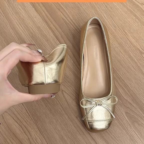Sheepskin version~ leather small inner height increase Mary Jane shoes women's French retro bow ballet shoes single shoes