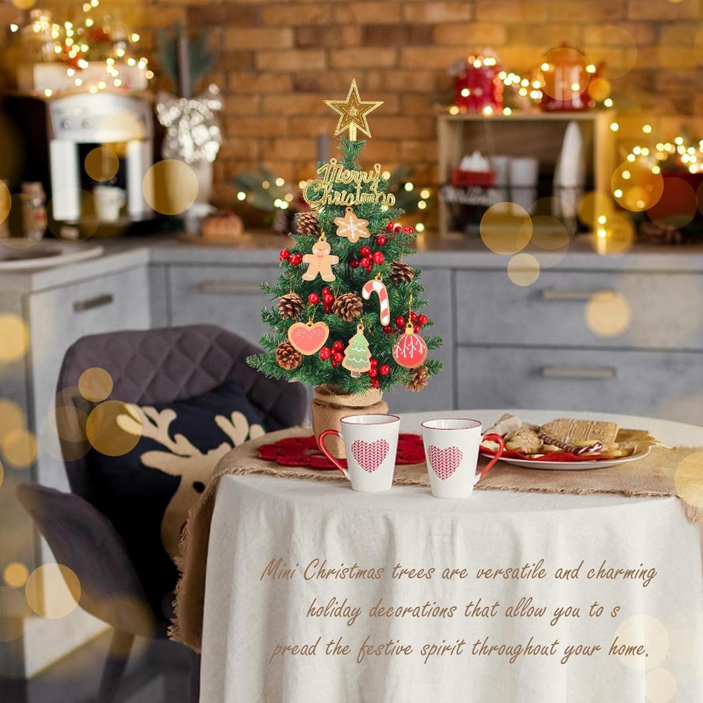 Artificial Mini Christmas Tree, 22Inch Tabletop Christmas Trees 65 Branch Tips Small XmasTrees with Ornaments for Indoor Desktop