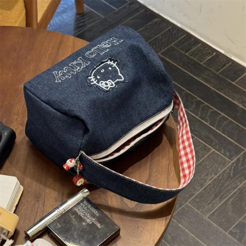 Cute Hello Kitty Denim Cosmetic Bag Large Capacity Vintage Contrast Plaid Handbag Portable Storage Bag Girl Kt Bag Gifts