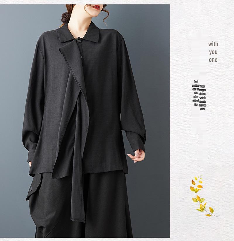 Spring Dark Style Niche Design: Loose Lapel Sashes Shirt & Wide Leg Pants Set