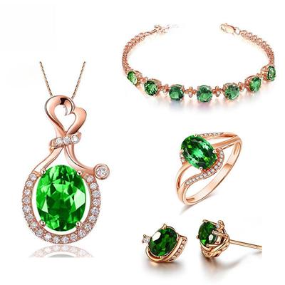 Vintage Jewelry Set: Rose Gold Bracelet, Moissanite Earrings, Emerald Chalcedony Open Ring, and Emerald Pendant