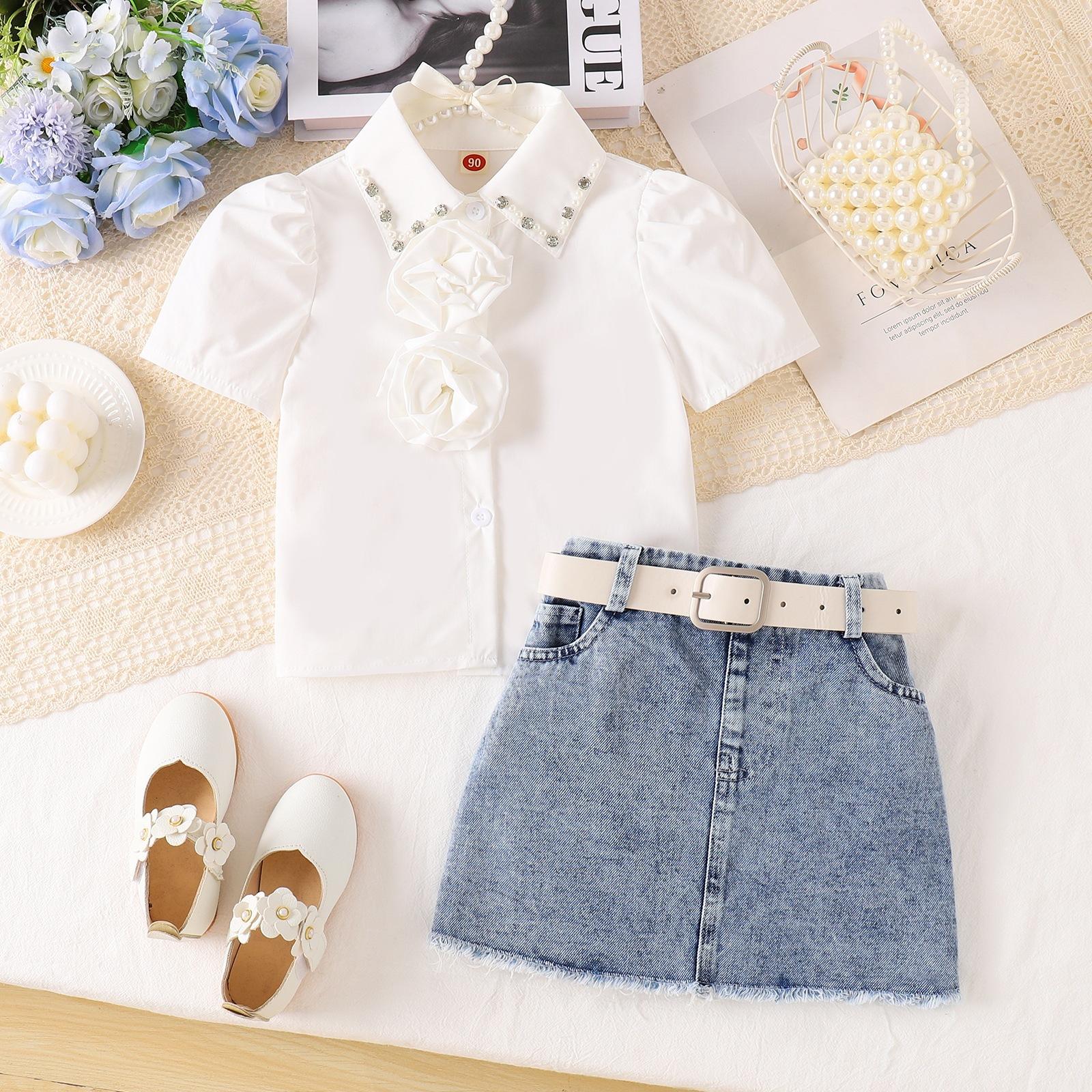 Sweet Girls  Summer Outfit: Kids  Fashion Shirt + Denim Skirt Two-Piece Set 100cm